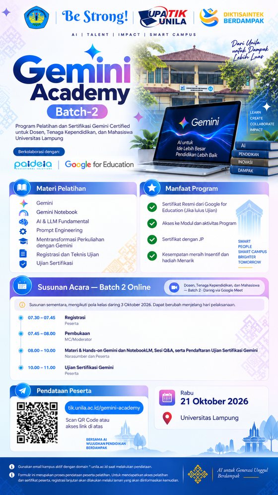 Leaflet Gemini Academy Batch 2, Universitas Lampung: Rabu 21 Oktober 2026, daring via Google Meet