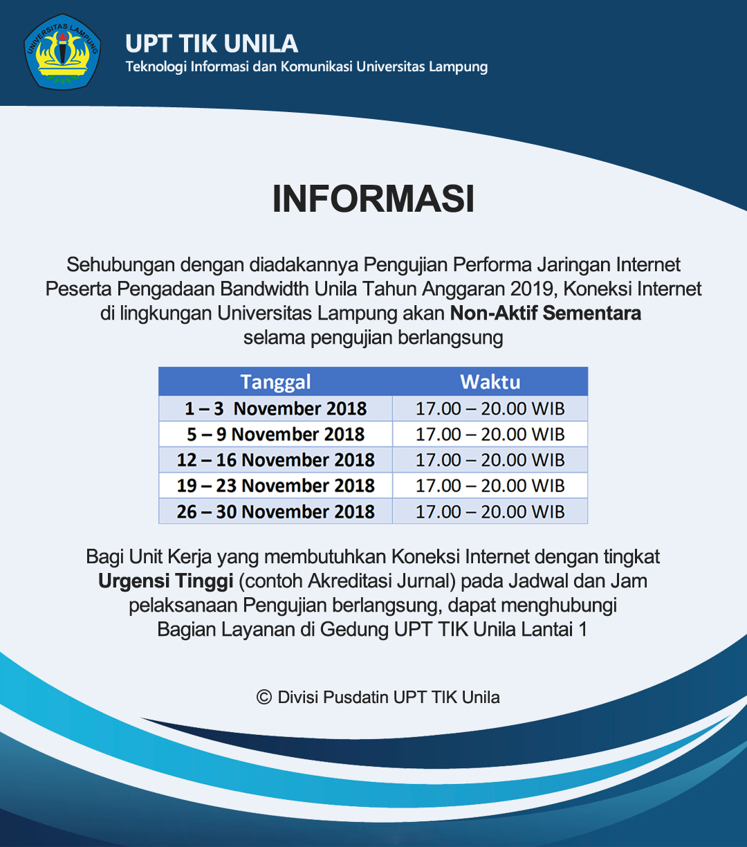 Informasi Non-Aktif Sementara Koneksi Internet Universitas Lampung